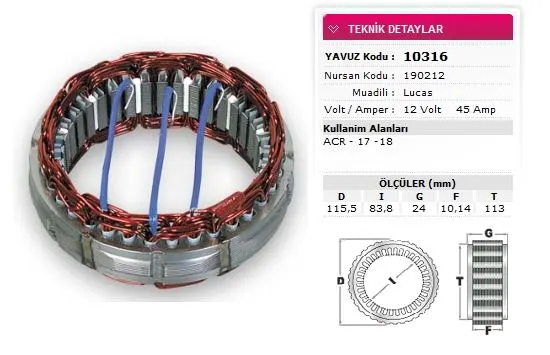 ALTERNATÖR STATÖR YAVUZ 10 316