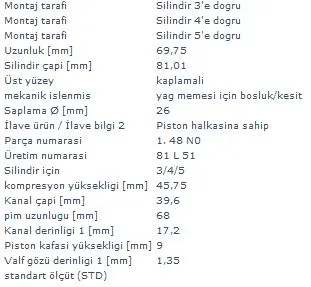 MAHLE MOTOR PİSTON + SEGMAN MAHLE 0305900