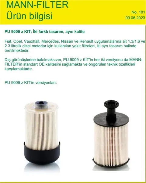 MAZOT FİLTRESİ MANN PU9009ZKIT