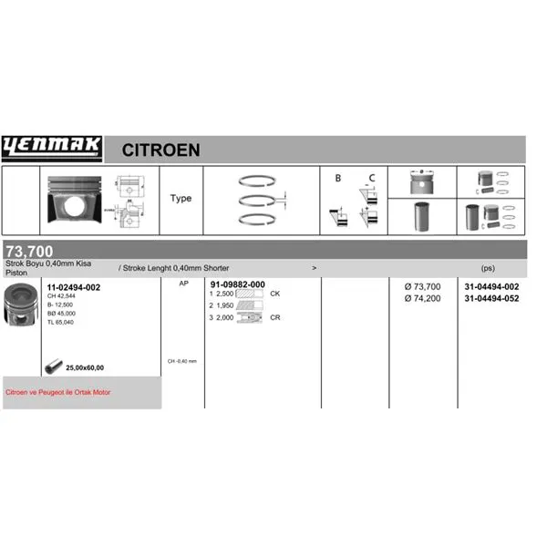 PİSTON + SEGMAN YENMAK 31-04494-002