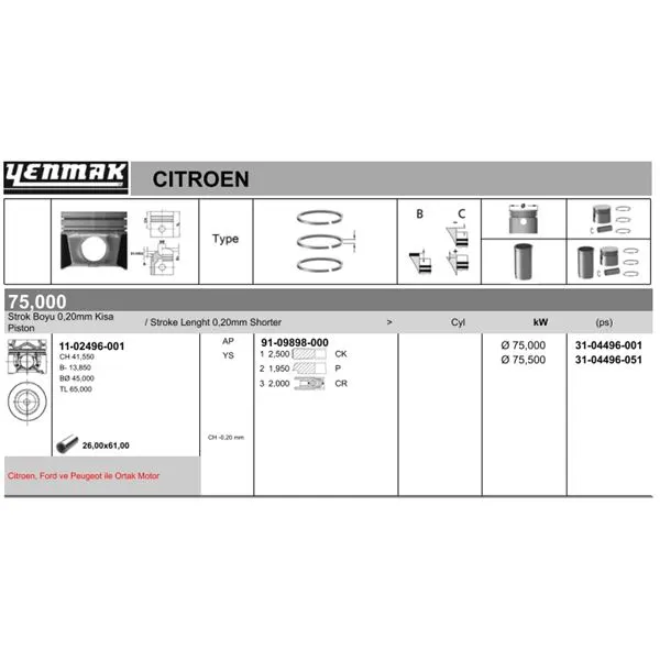 PİSTON + SEGMAN YENMAK 31-04496-001