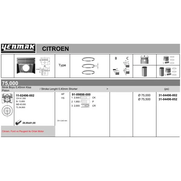 PİSTON + SEGMAN YENMAK 31-04496-002