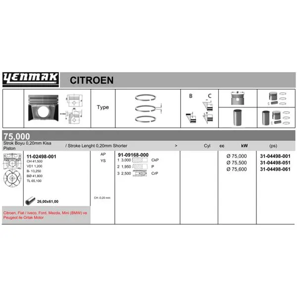 PİSTON + SEGMAN YENMAK 31-04498-001