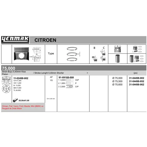 PİSTON + SEGMAN YENMAK 31-04498-002