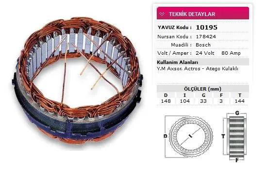 YAVUZ - Ağır Vasıta ALTERNATÖR STATÖR YAVUZ 10 195