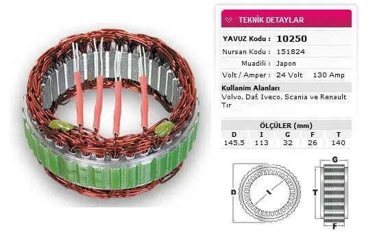 YAVUZ - Ağır Vasıta ALTERNATÖR STATÖR YAVUZ 10 250